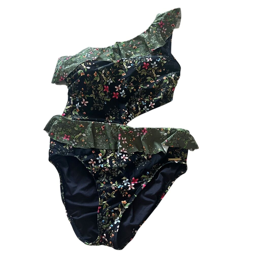Vince Camuto Swimsuit Womens Sz. 12 Ruffle One Shoulder Cut Out Floral‎ Padded